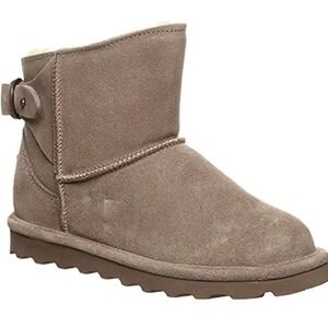 Bearpaw Betty Ankle Suede Boots Taupe Caviar Sheepskin Insole Womens 9 Flaw New